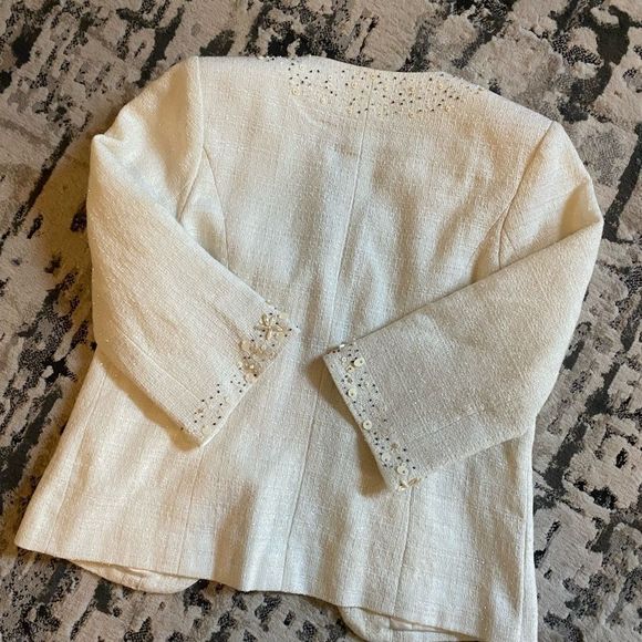 Vintage Victor Costa Tweed Creme Embellished Blazer Womens Small - Picture 5 of 9